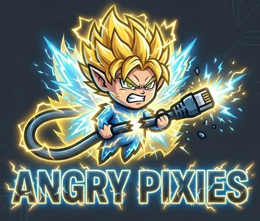 Angry Pixies logo: a furious spiky-haired pixie crackling with lightning, snapping an Ethernet cable in half